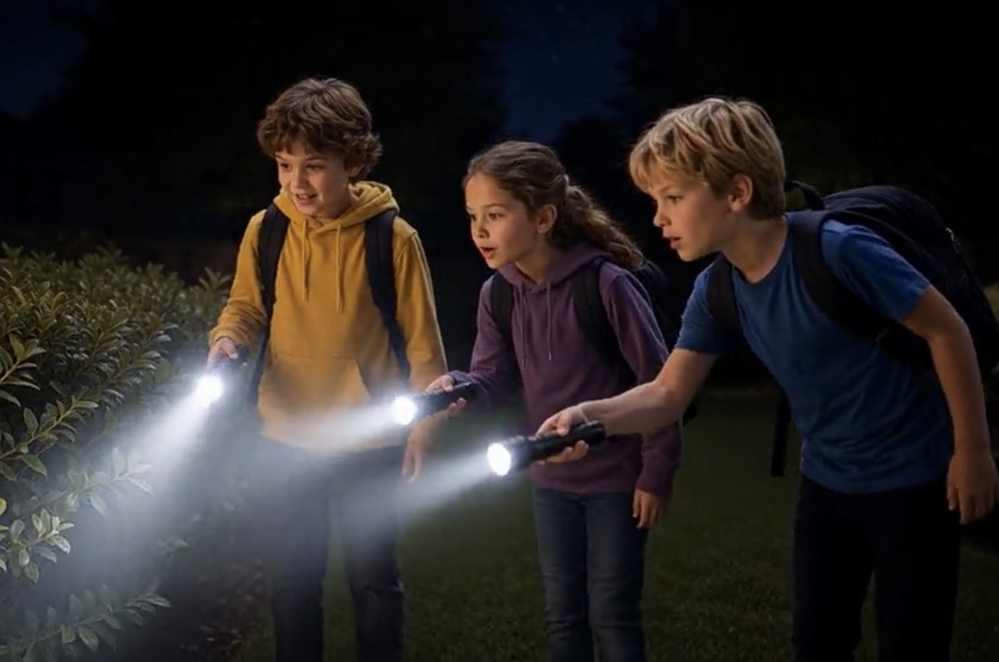Three children sweeping torch beams across a hedge in a dark back yard, searching for hidden cards.