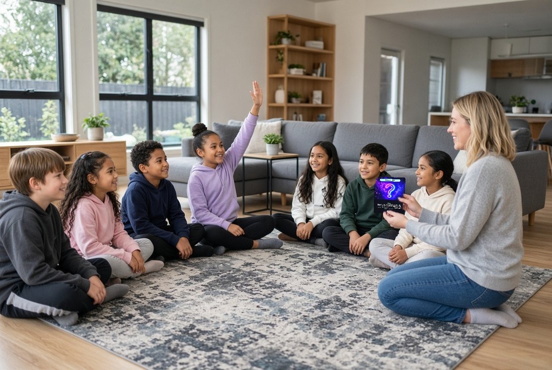 Children sitting on a rug, one with a hand up, while the Game Master holds up a Solve card.